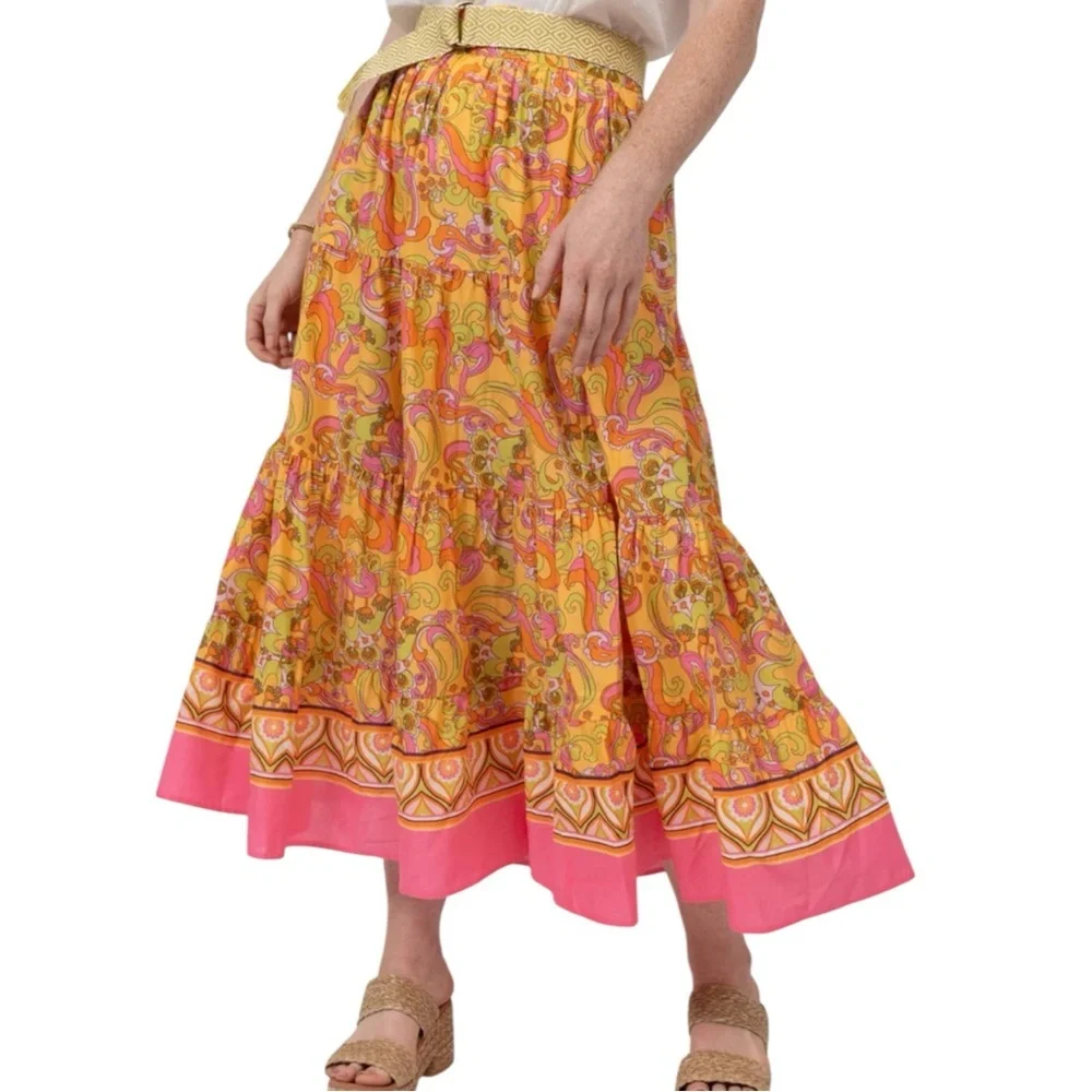 Ivy Jane Pucci Style Paisley Tiered Maxi Skirt Boho Festival Size S - Picture 2 of 10